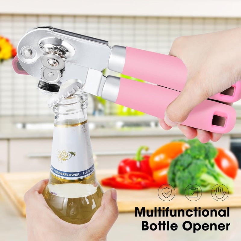Beneno Heavy Duty Hand Can Opener Manual with Magnet, Durable Sharp Carbon Steel Blade Smooth Cutting, Big Effort-Saving Knob & Soft Grip Handle, Multifunctional Kitchen Tool with Bottle Opener, Pink - Image 5